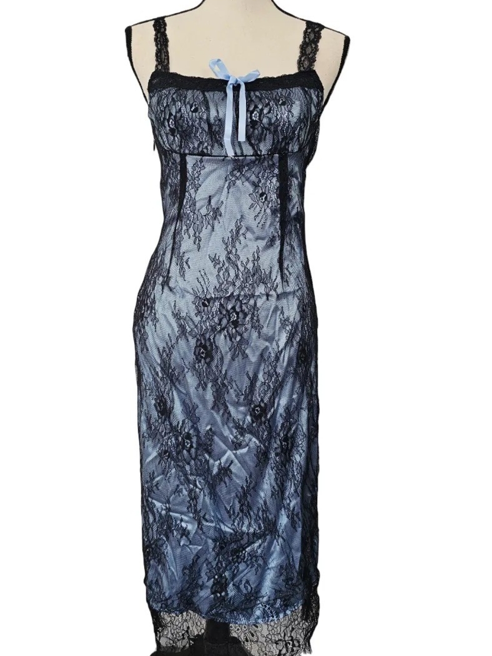 Black Lace Overlay Midi Dress with Blue Ribbon